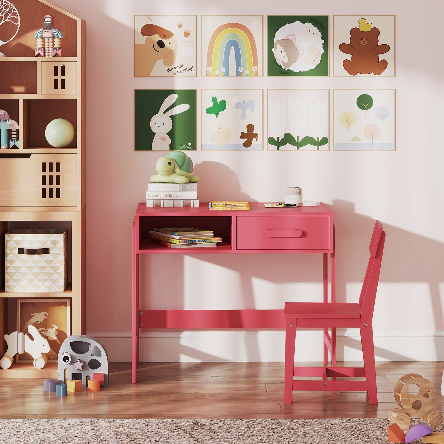 Juego de Escritorio y Silla para Niños con Almacenamiento - Rosa