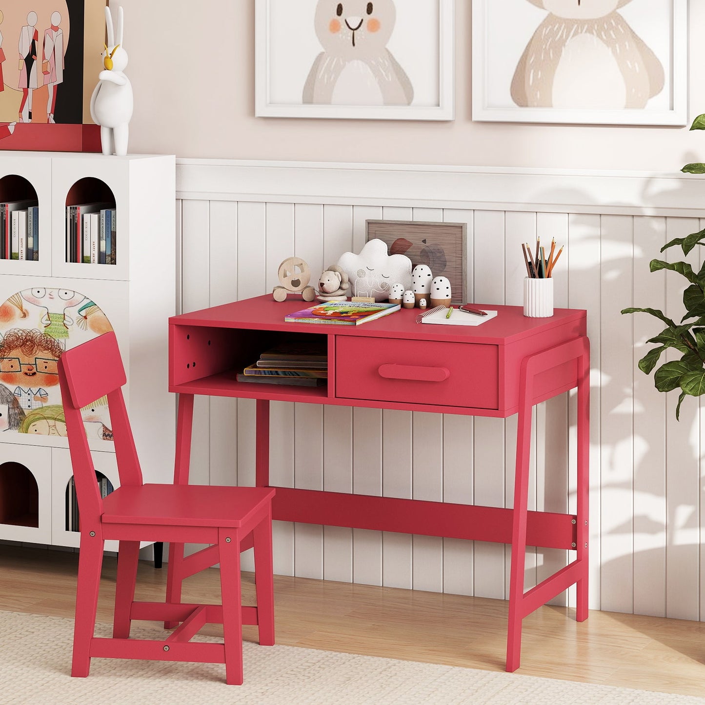 Juego de Escritorio y Silla para Niños con Almacenamiento - Rosa