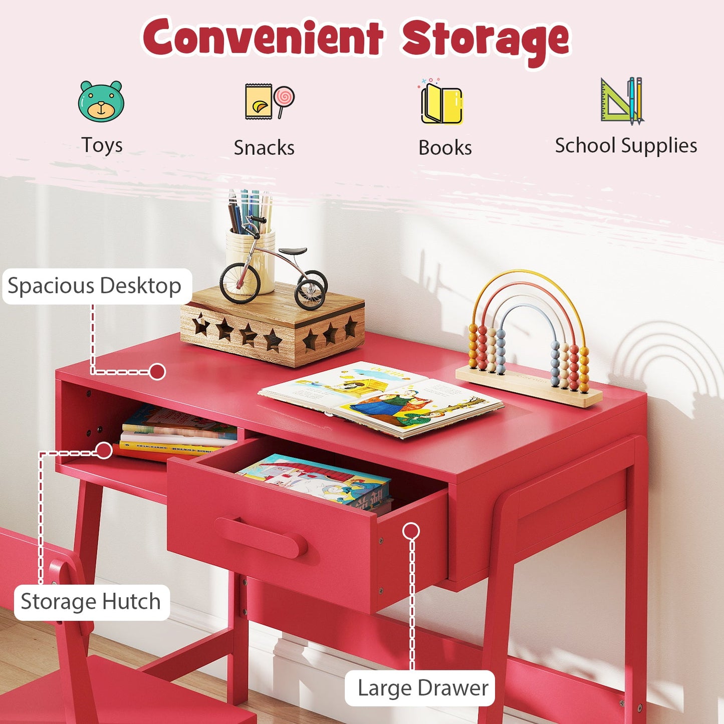 Juego de Escritorio y Silla para Niños con Almacenamiento - Rosa