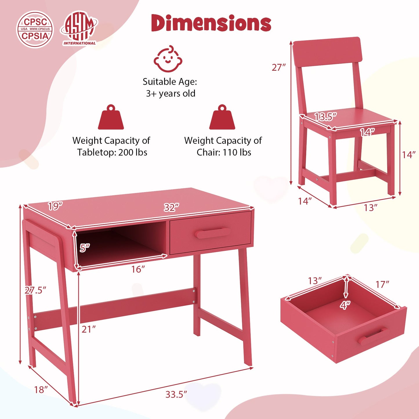 Juego de Escritorio y Silla para Niños con Almacenamiento - Rosa