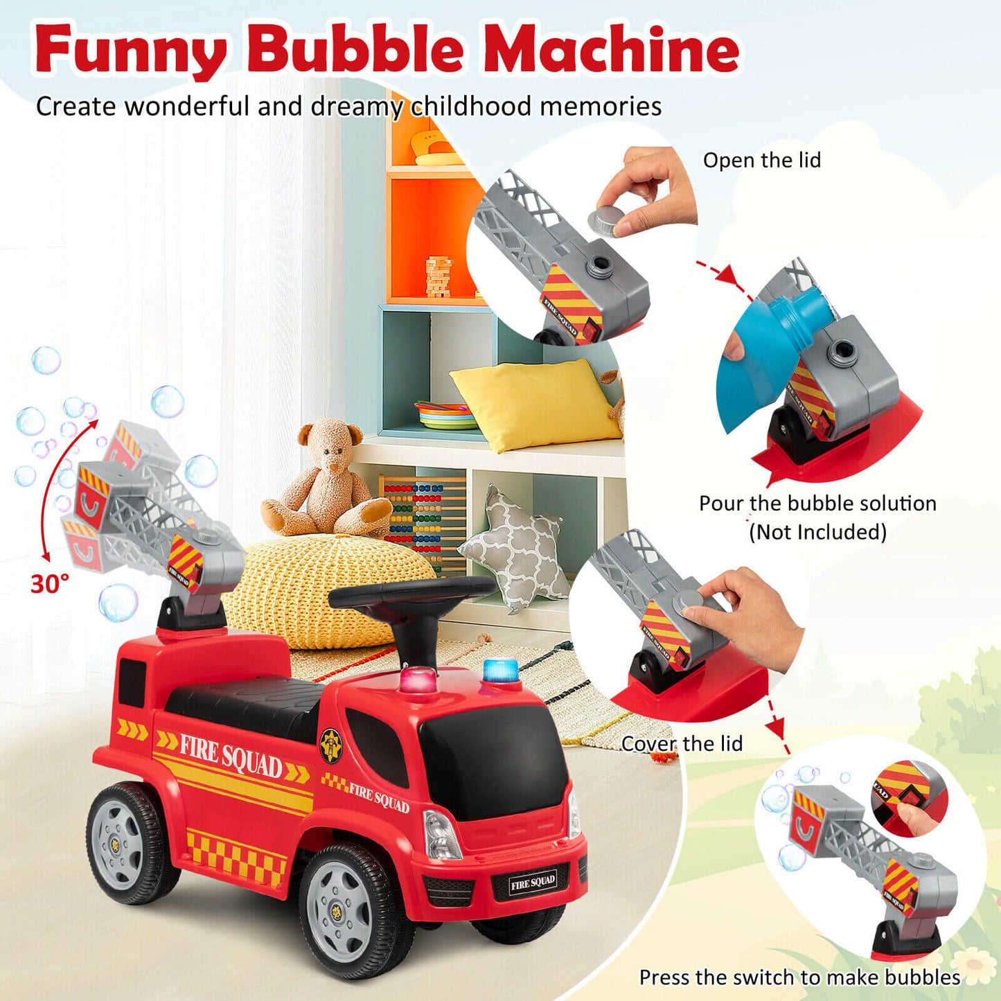 Camión de bomberos para niños con escalera y generador de burbujas - Rojo
