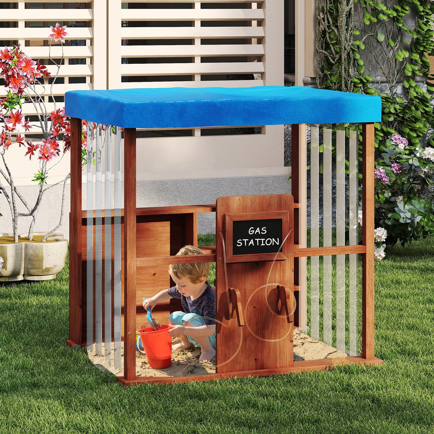 Kids Gas Station Playhouse with Refueling Guns - Brown