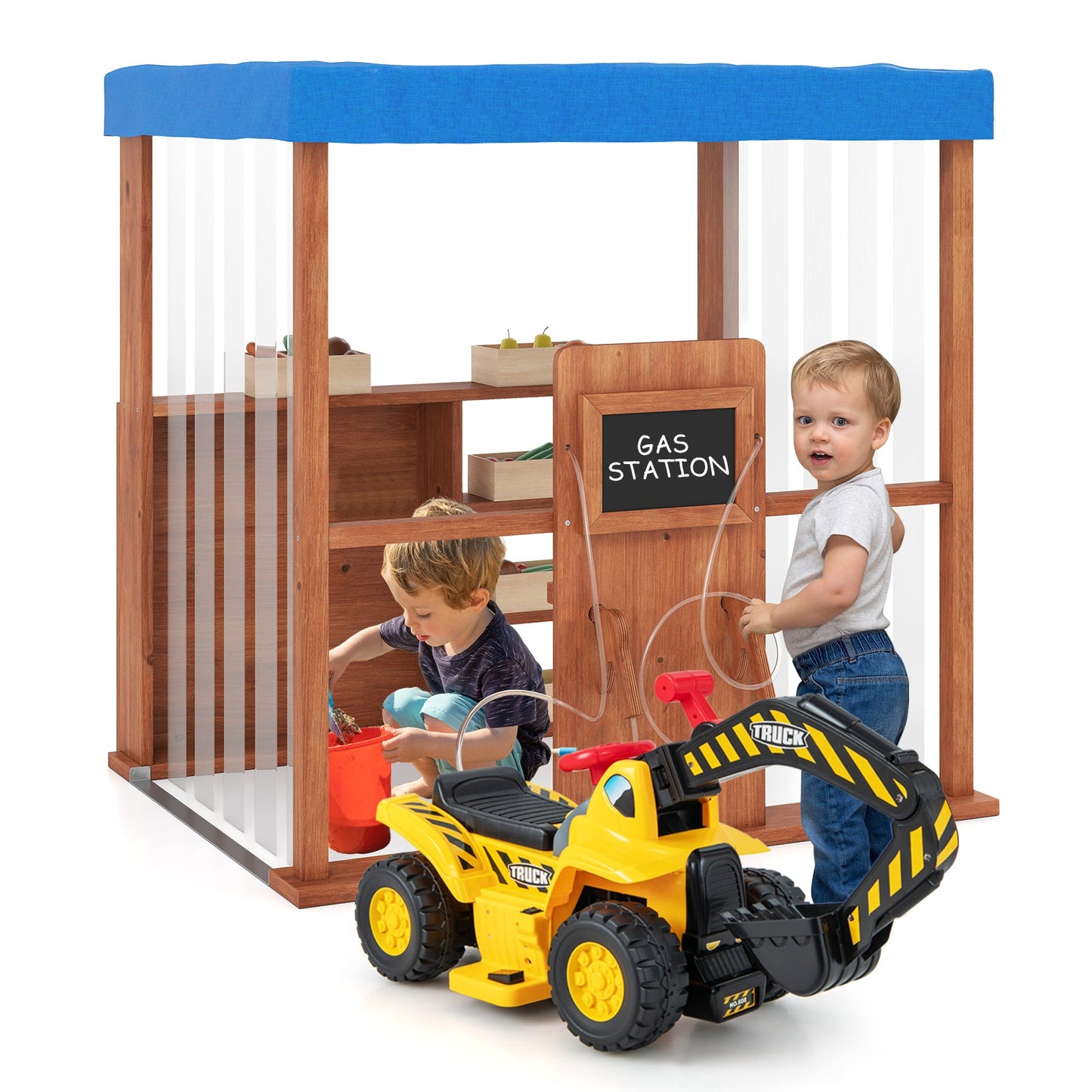 Kids Gas Station Playhouse with Refueling Guns - Brown