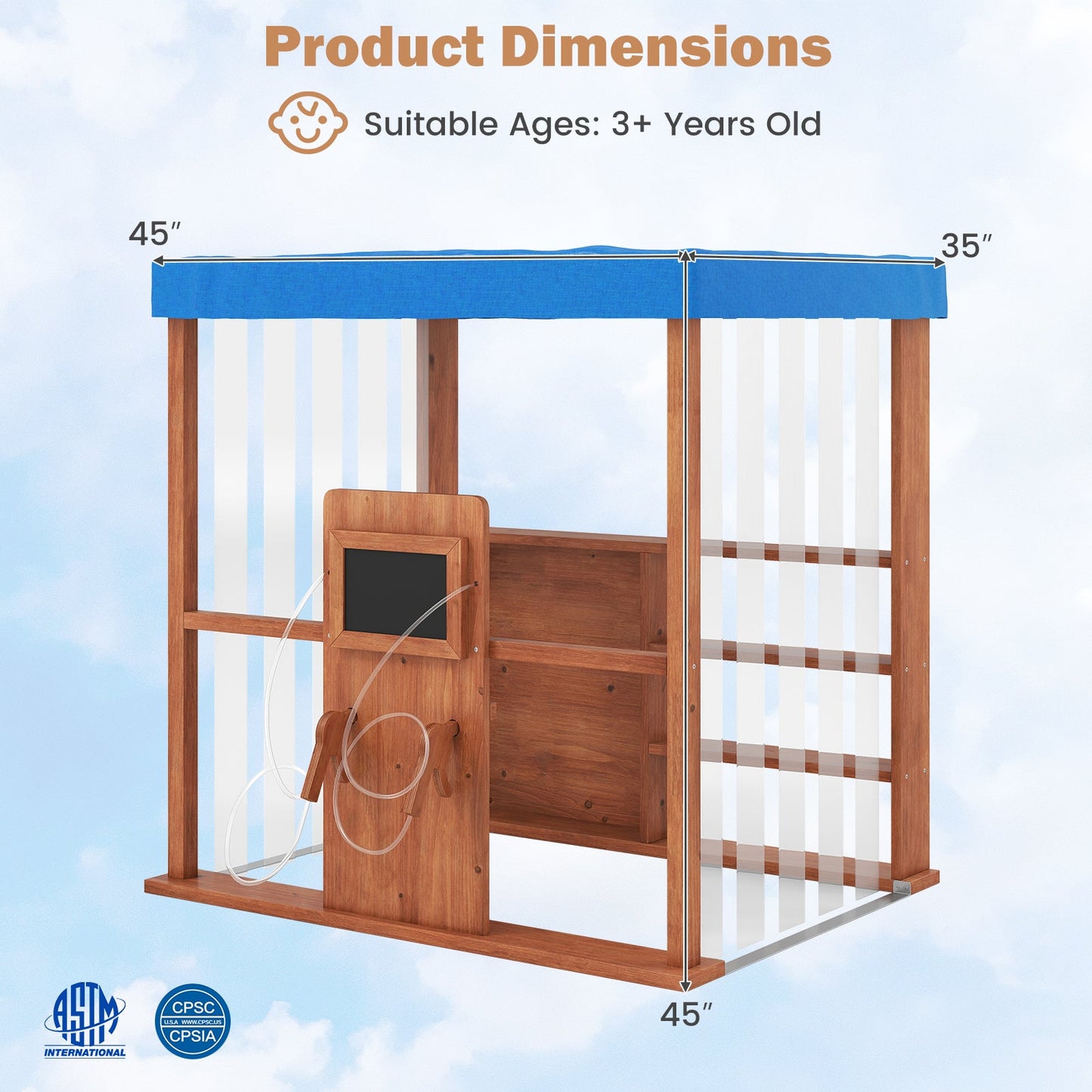 Kids Gas Station Playhouse with Refueling Guns - Brown