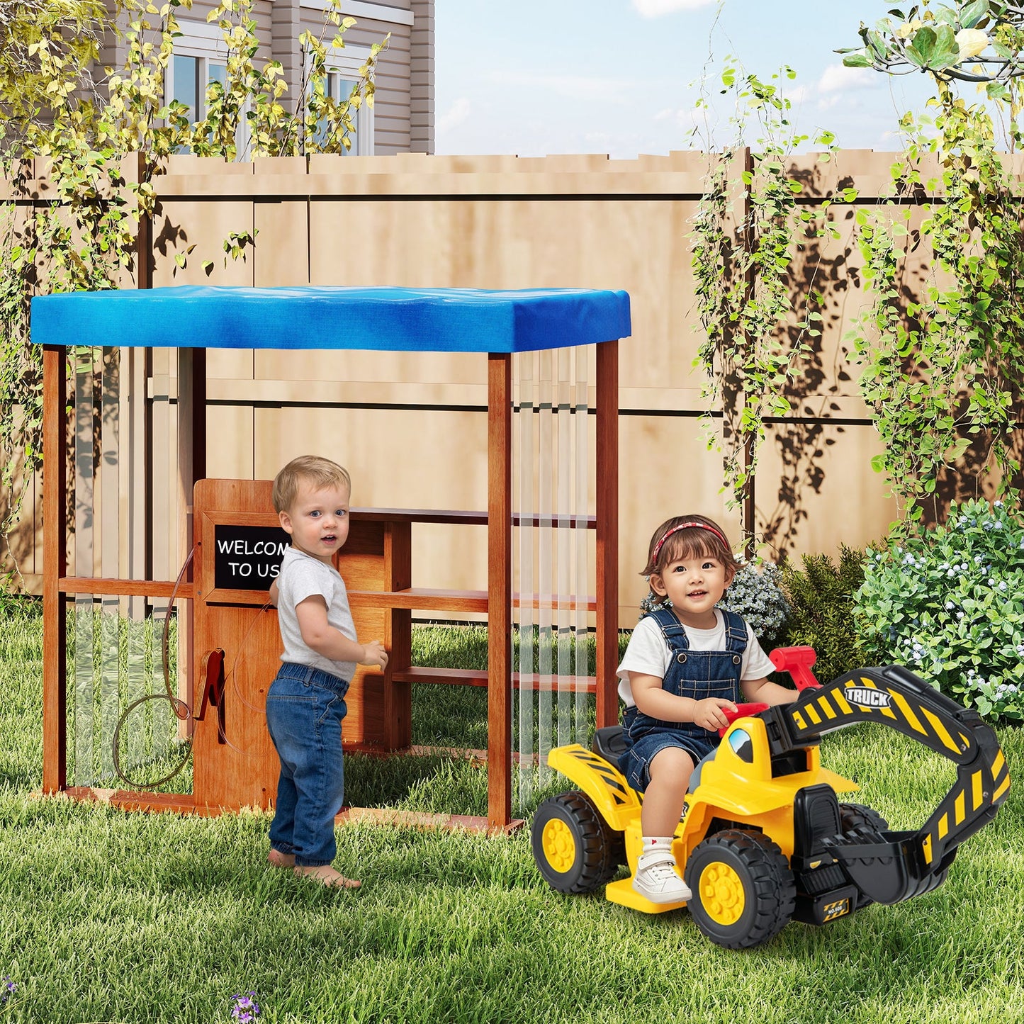 Kids Gas Station Playhouse with Refueling Guns - Brown