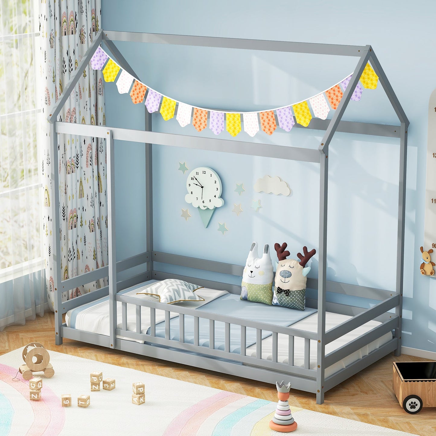 Lit pour enfants en taille twin avec toit et garde-corps de sécurité - Gris