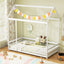Twin Size Kids House Bed with Roof and Safety Guardrail - White