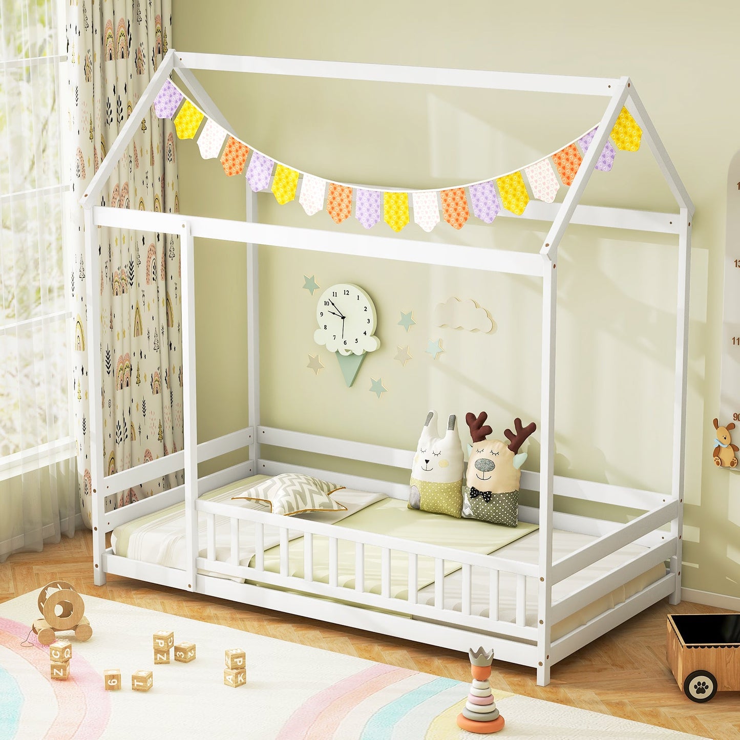 Twin Size Kids House Bed with Roof and Safety Guardrail - White
