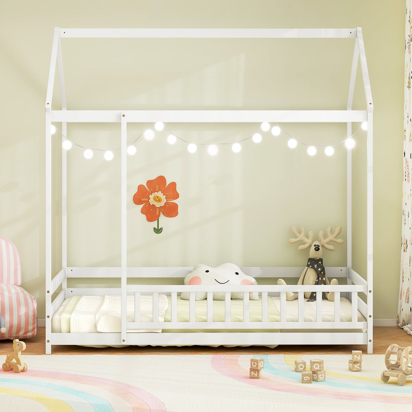 Twin Size Kids House Bed with Roof and Safety Guardrail - White