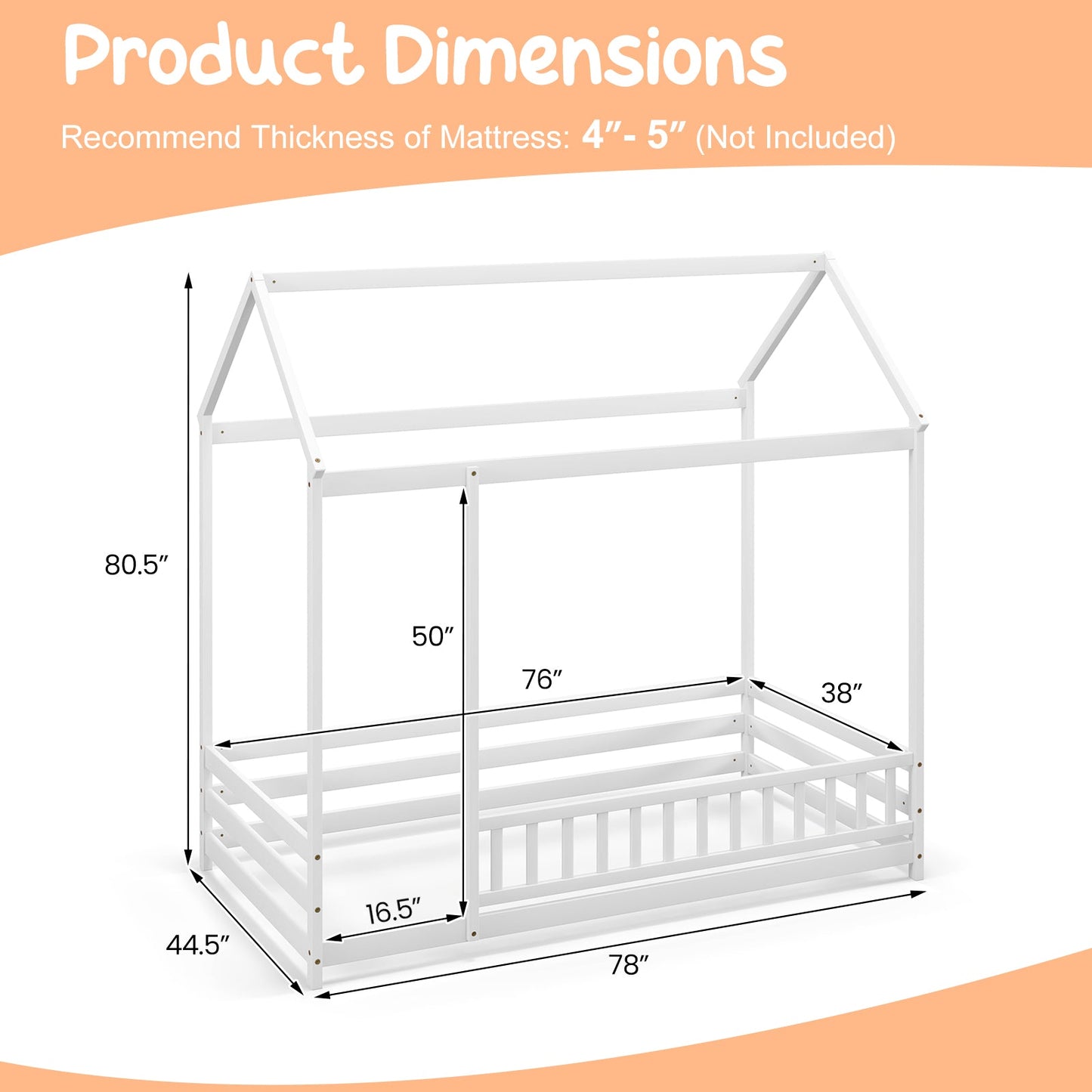 Twin Size Kids House Bed with Roof and Safety Guardrail - White