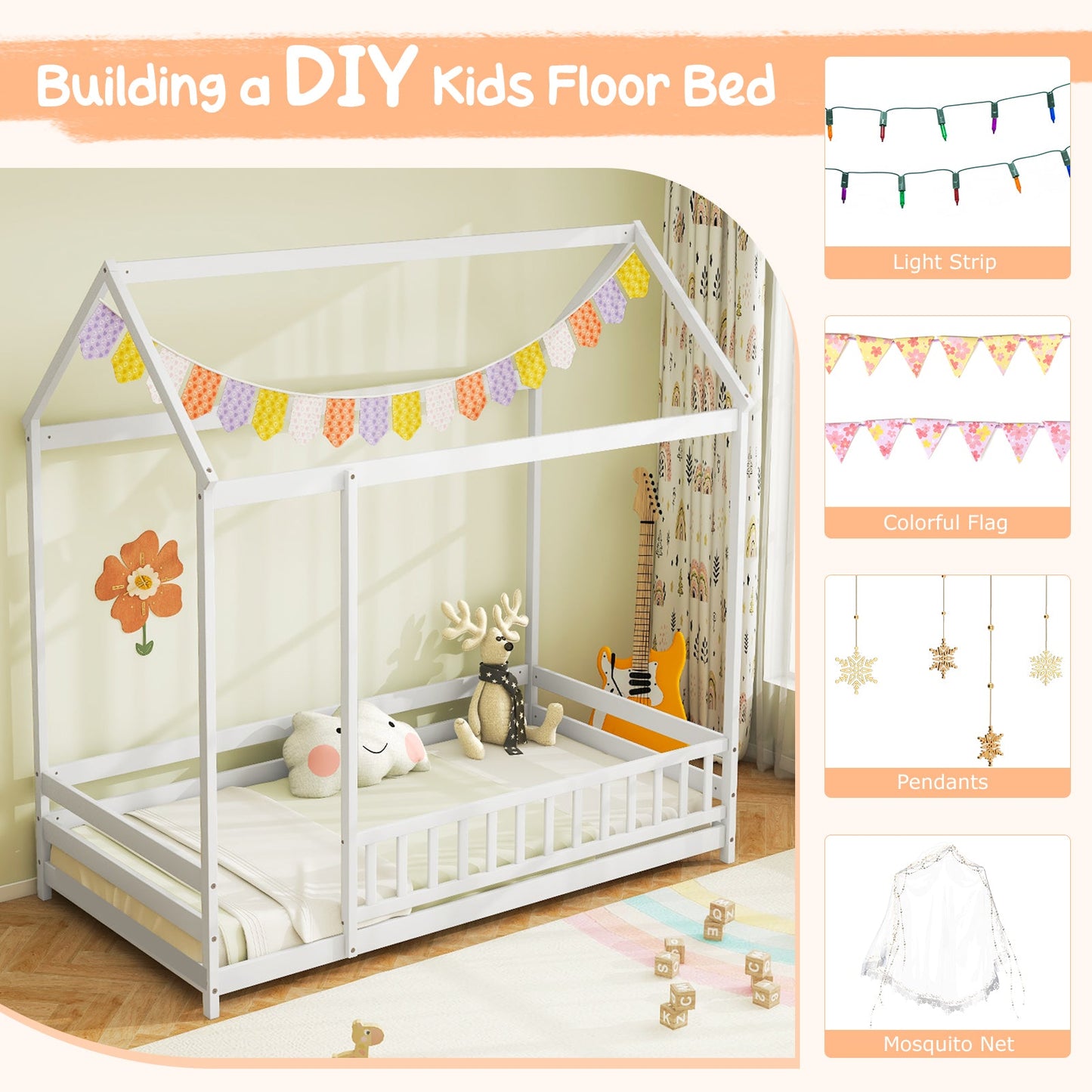Twin Size Kids House Bed with Roof and Safety Guardrail - White