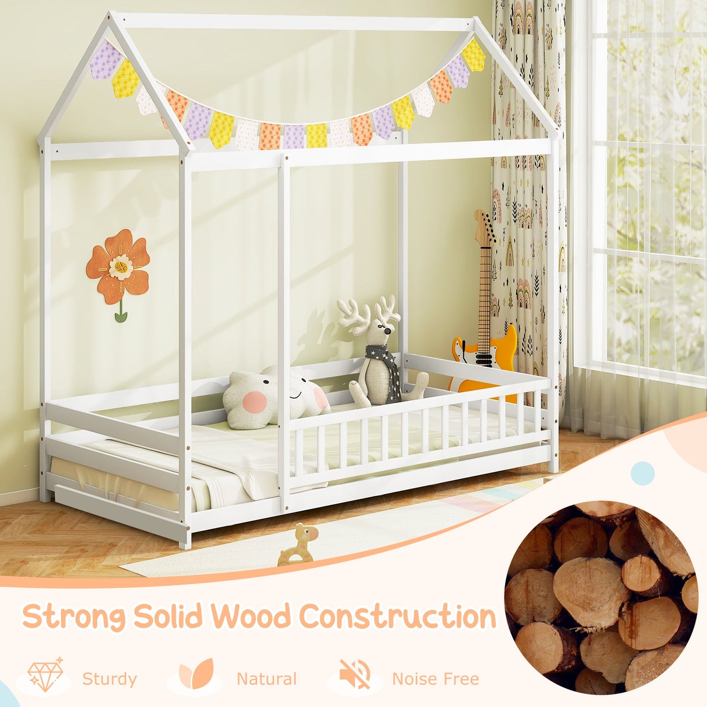 Twin Size Kids House Bed with Roof and Safety Guardrail - White