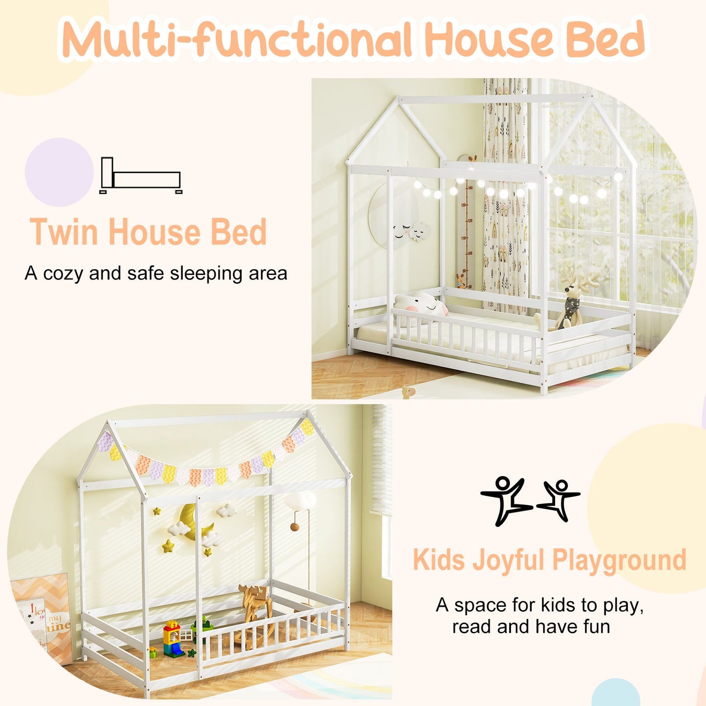 Twin Size Kids House Bed with Roof and Safety Guardrail - White