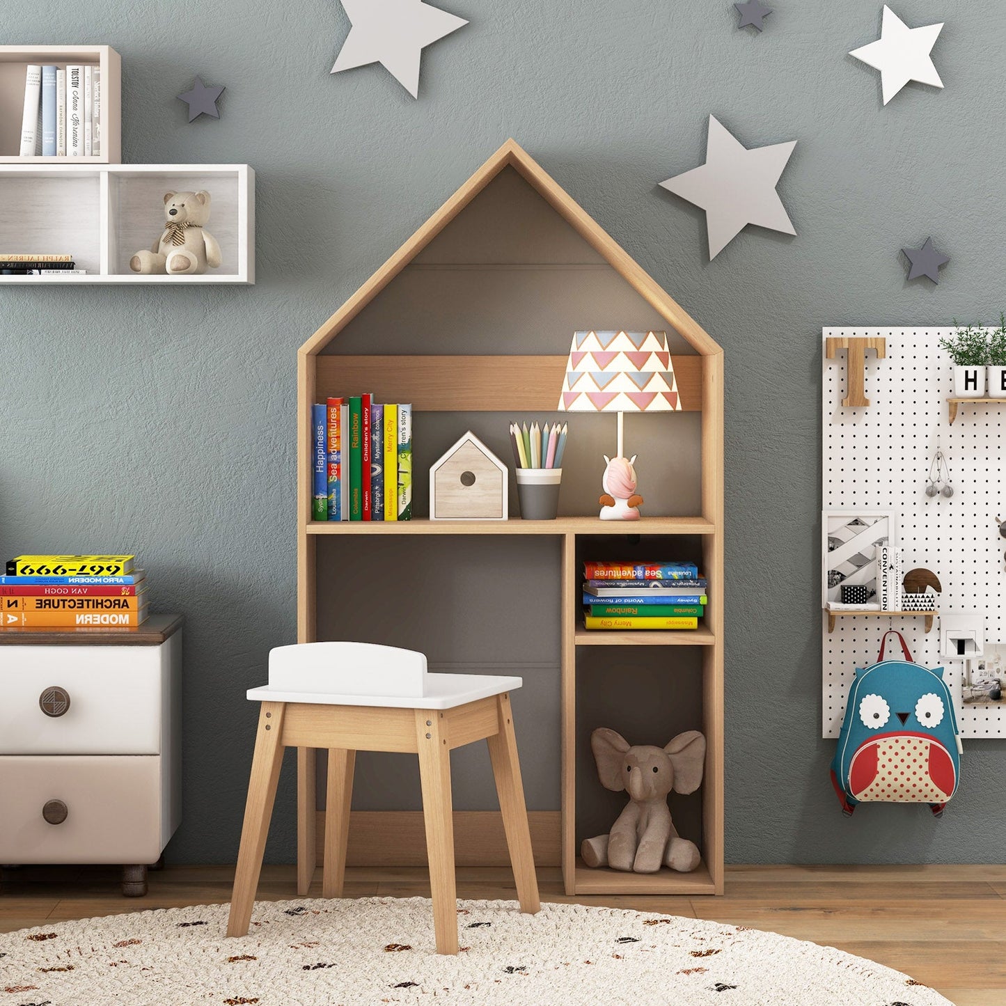 2-in-1 Kids House-Shaped Table and Chair Set - Gray