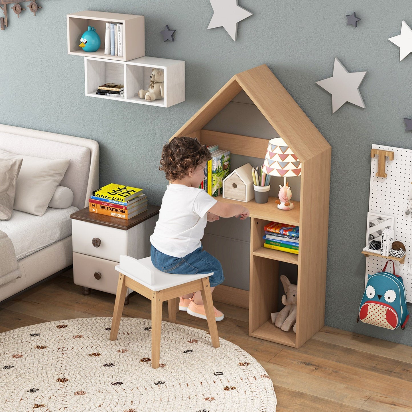 2-in-1 Kids House-Shaped Table and Chair Set - Gray