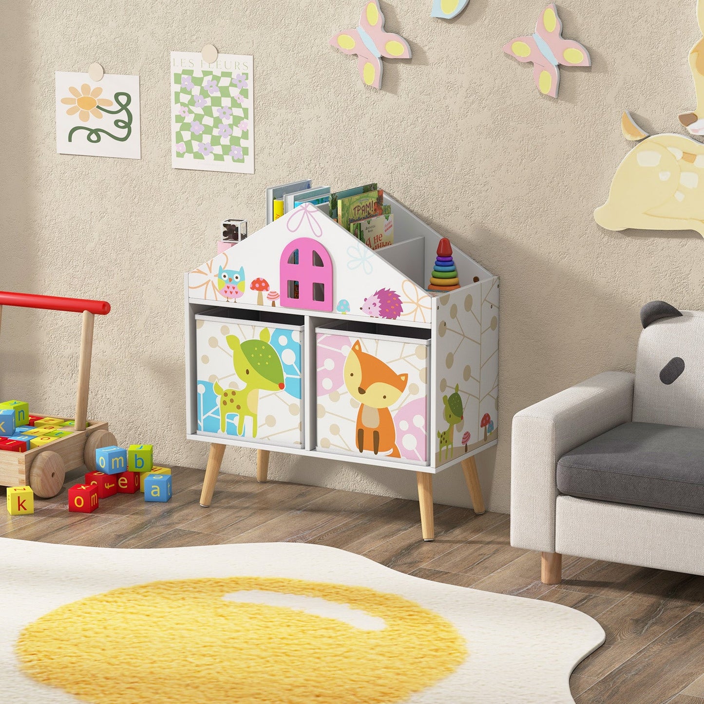 Kids House-Shaped Bookshelf with Storage Bins - White