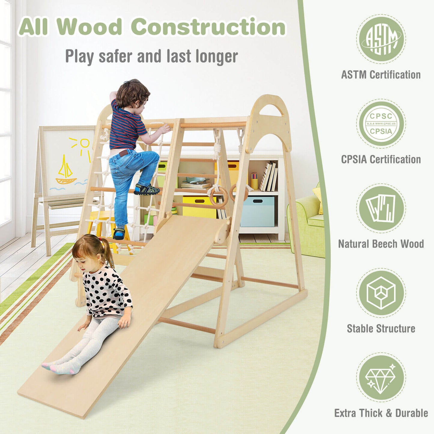 Aire de jeux en bois pour enfants 6-en-1 avec toboggan