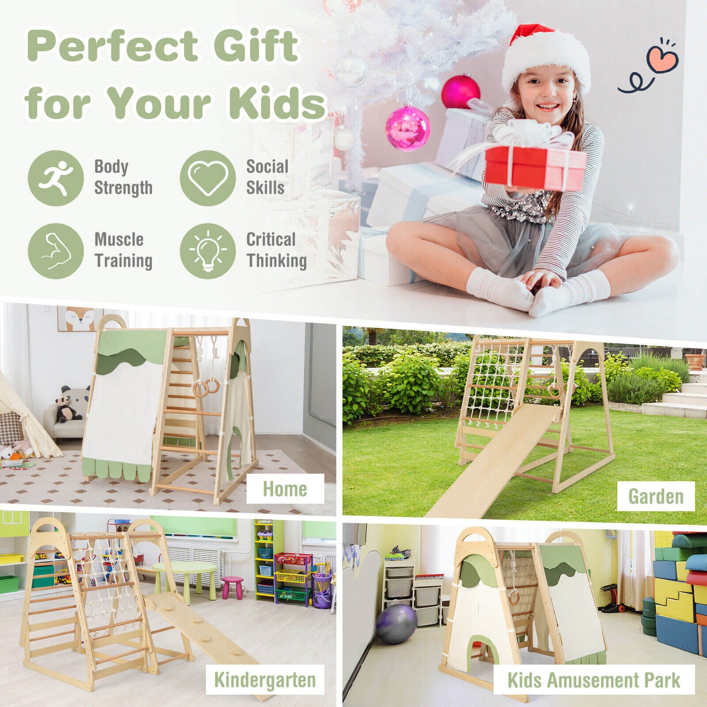 Aire de jeux en bois pour enfants 6-en-1 avec toboggan