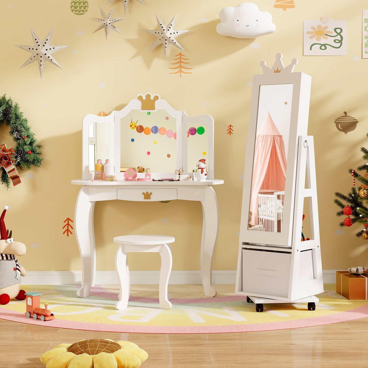 Kids Jewelry Armoire Cabinet with Swivel Base and Lockable Wheels - White