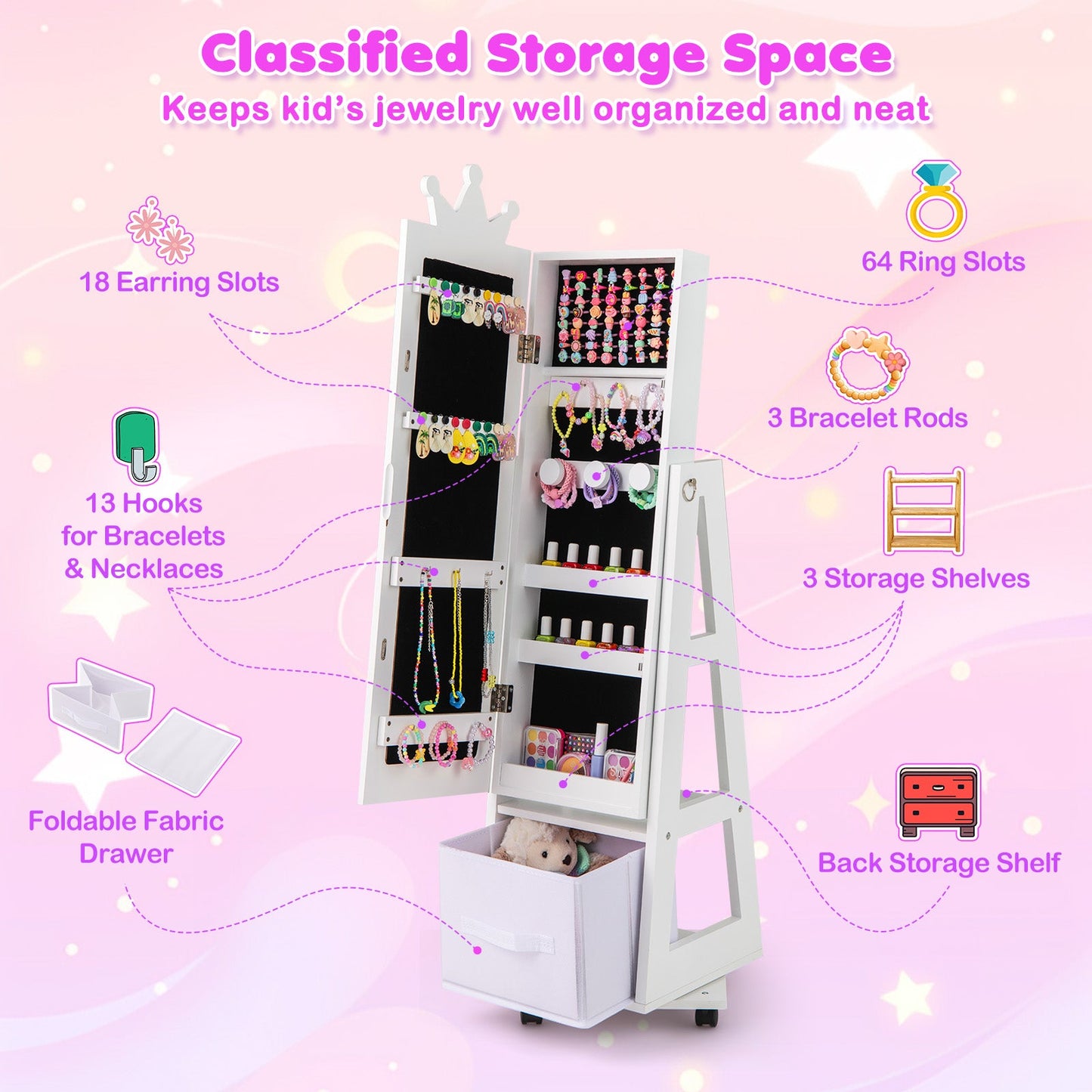 Kids Jewelry Armoire Cabinet with Swivel Base and Lockable Wheels - White