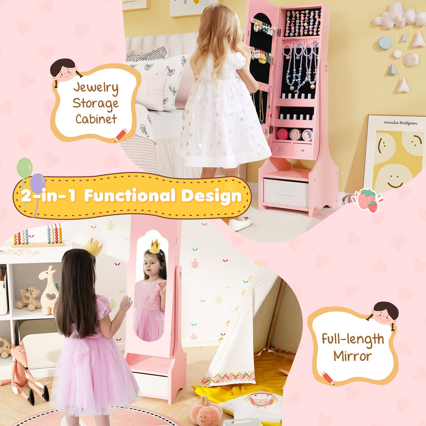 Armoire à bijoux pour enfants autonome - Rose