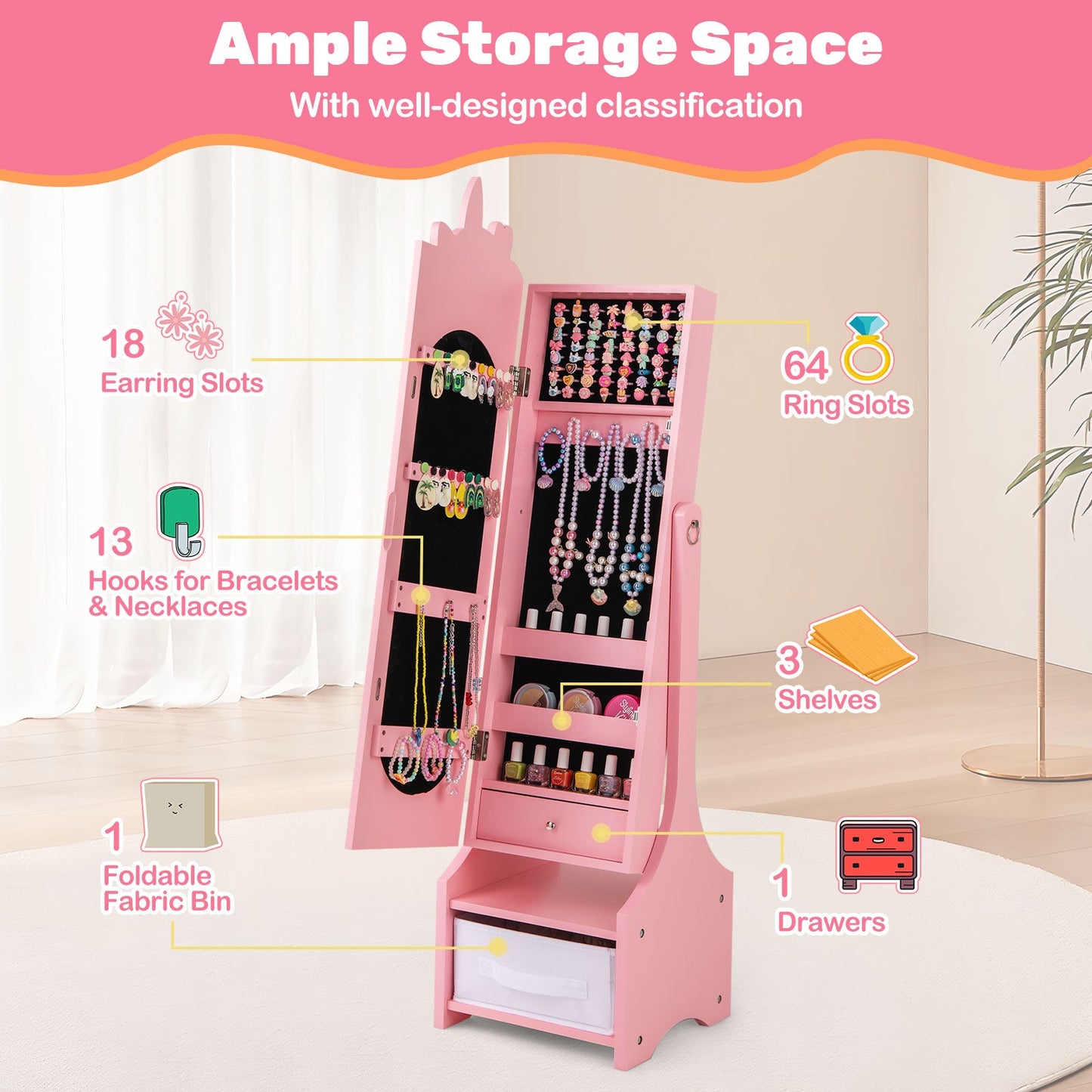 Kids Jewelry Armoire Cabinet with Storage - Pink
