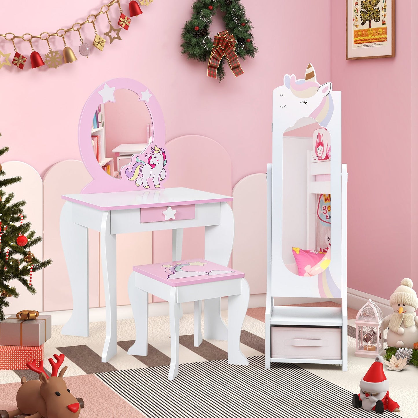 Armoire à bijoux pour enfants avec rangement et miroir réglable - Blanc