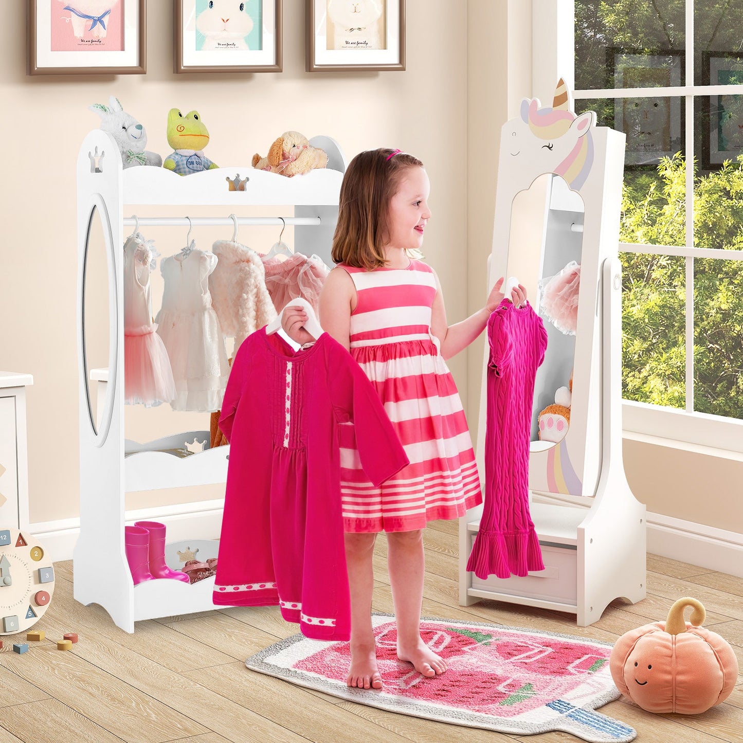 Armoire à bijoux pour enfants avec rangement et miroir réglable - Blanc