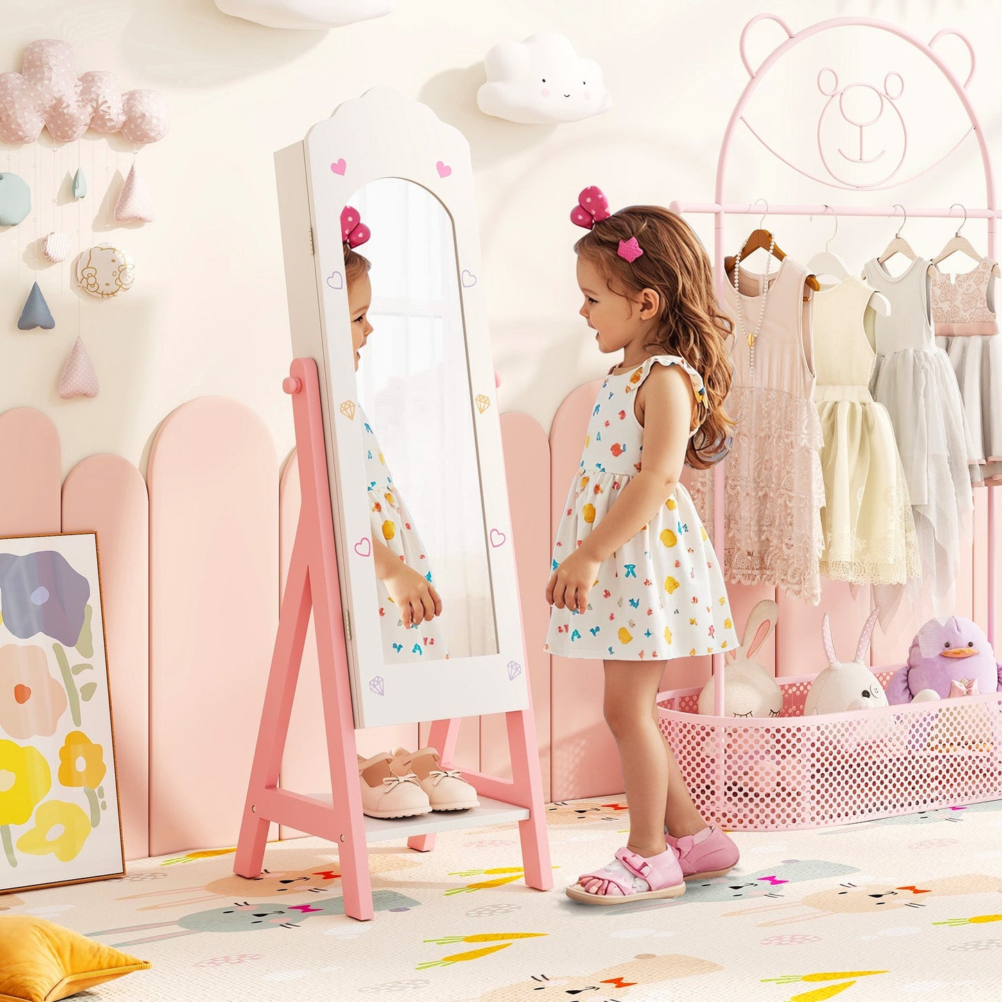 Kids Jewelry Organizer with Full-Length Mirror and Storage Shelves - White