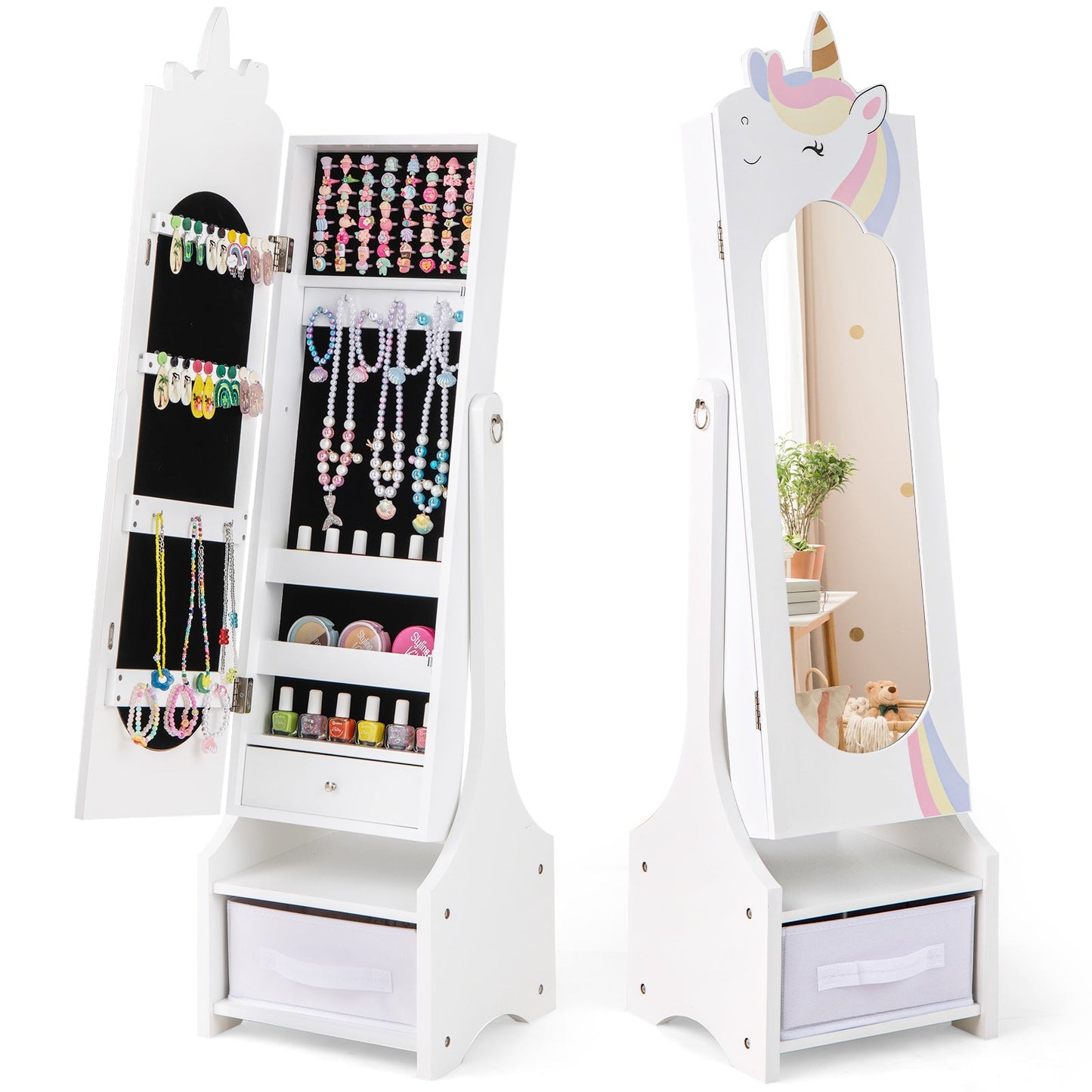 Armoire à bijoux pour enfants avec rangement et miroir réglable - Blanc