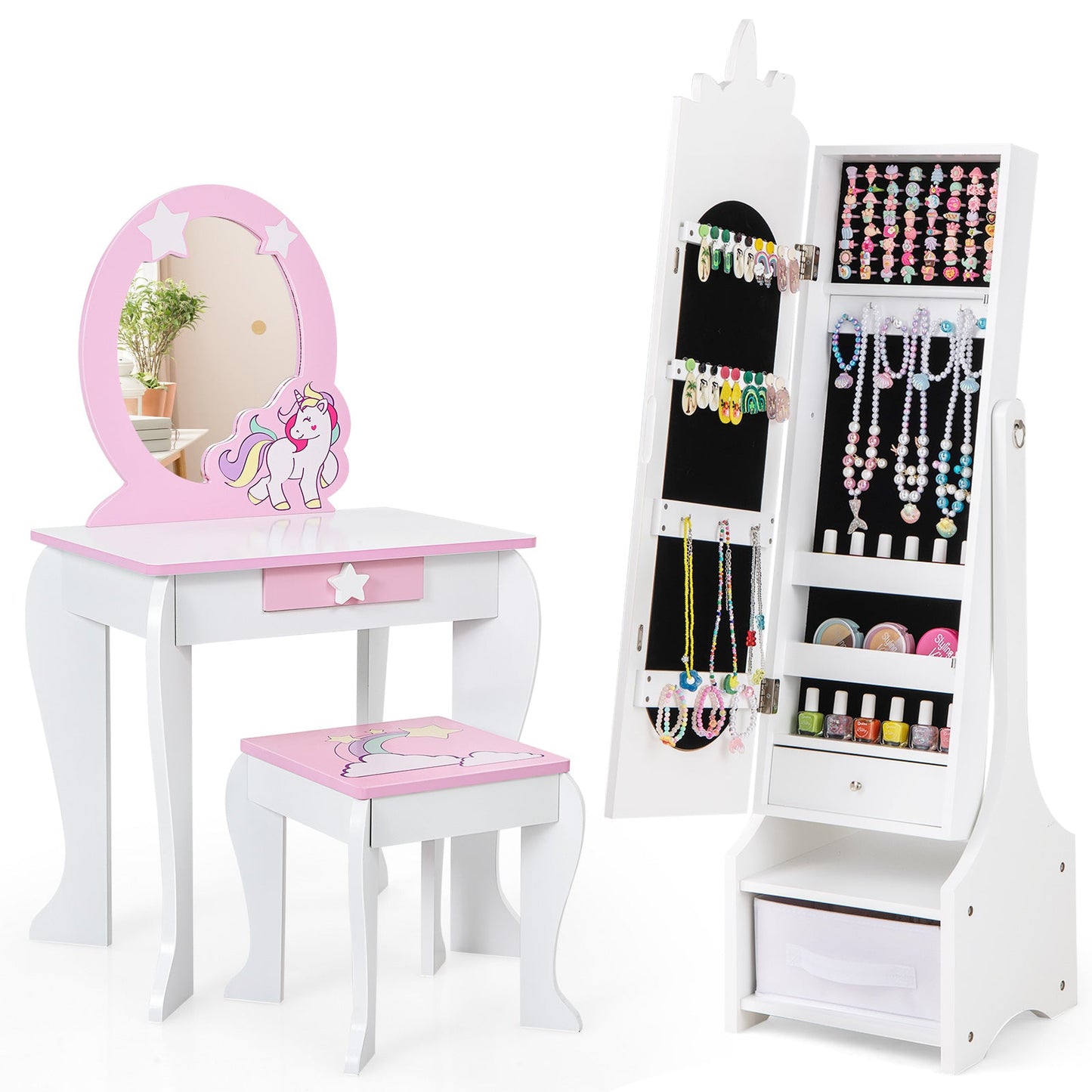 Armoire à bijoux pour enfants avec rangement et miroir réglable - Blanc