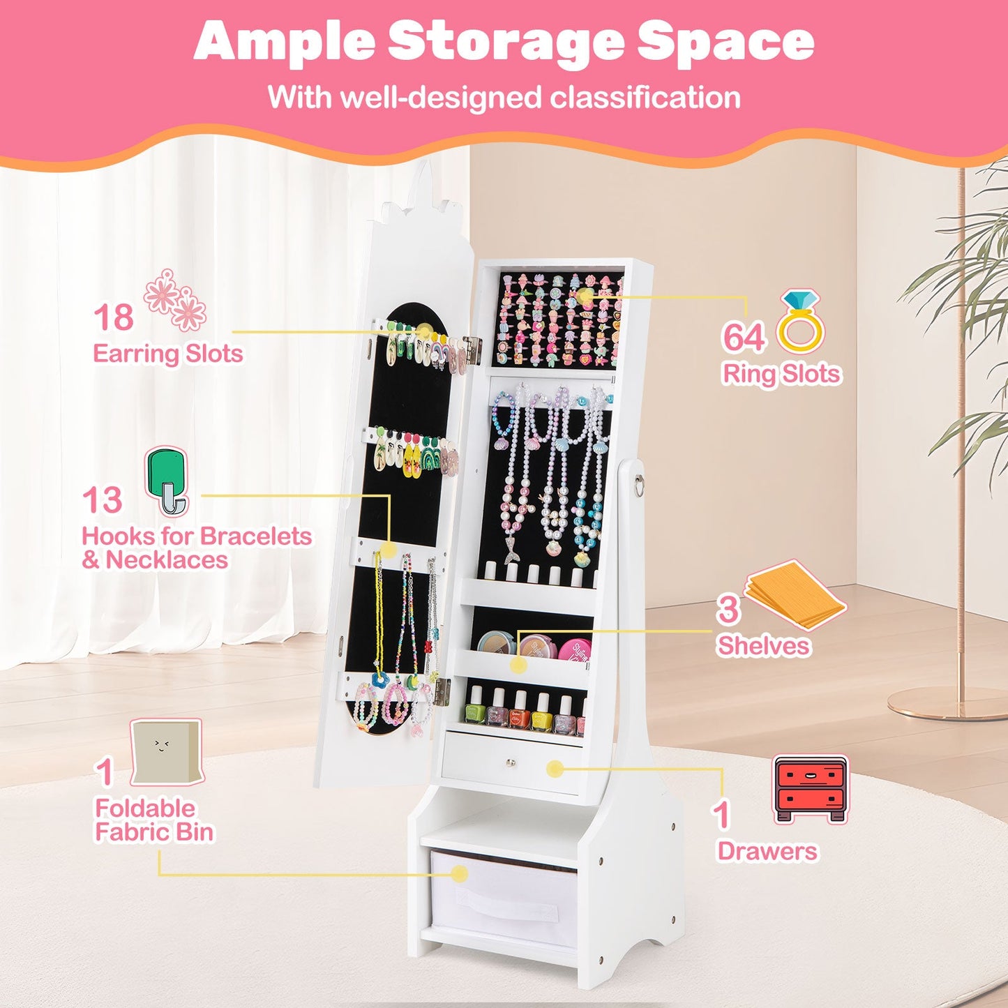 Armoire à bijoux pour enfants avec rangement et miroir réglable - Blanc
