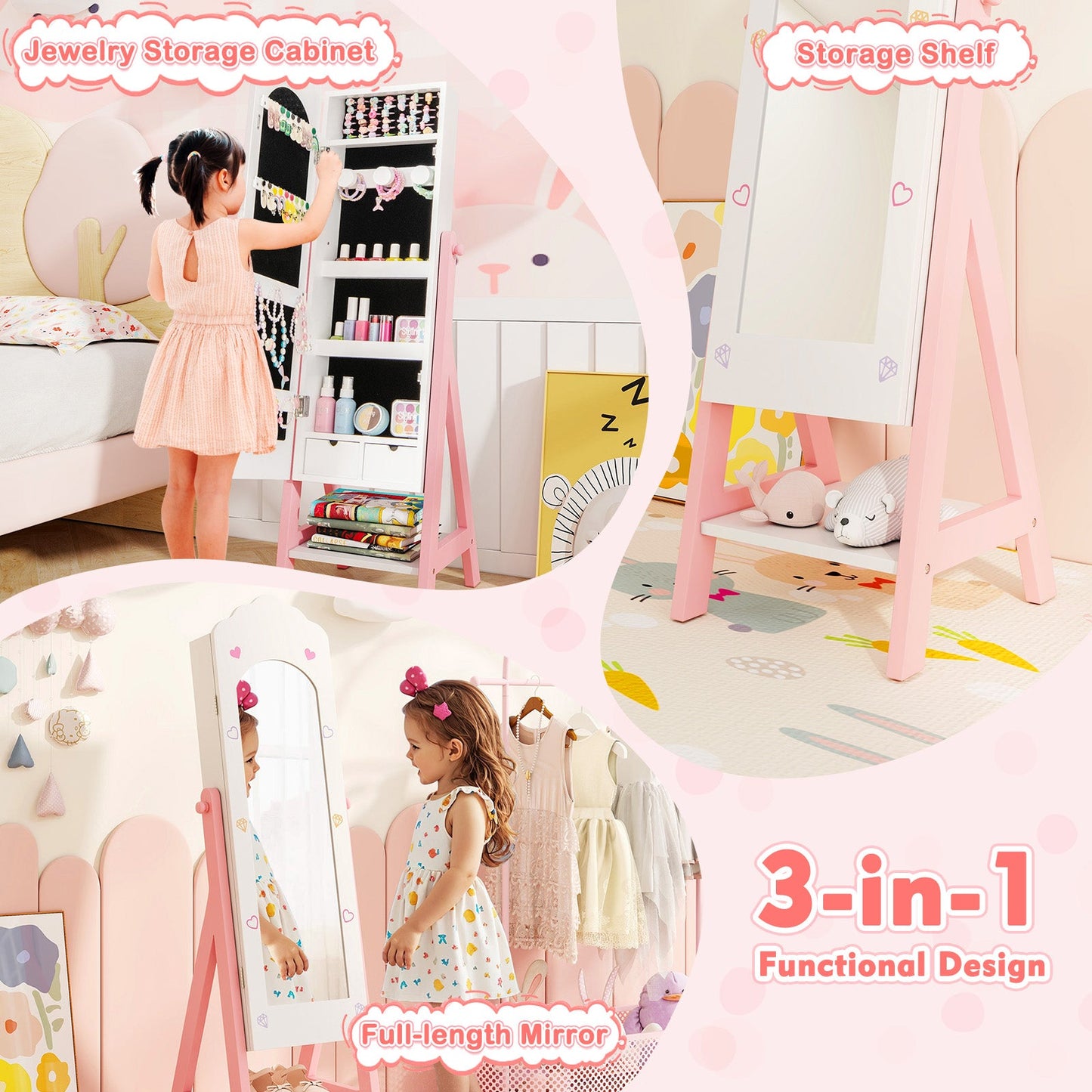 Kids Jewelry Organizer with Full-Length Mirror and Storage Shelves - White