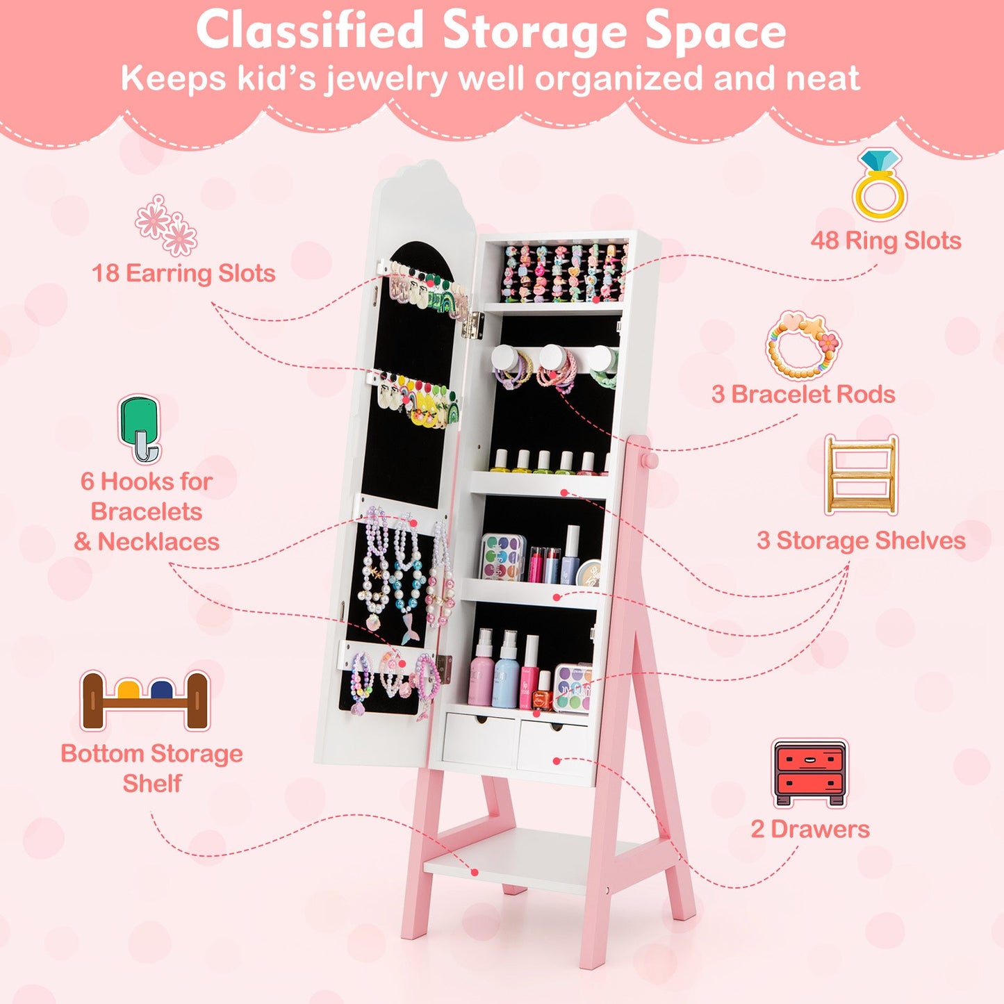 Kids Jewelry Organizer with Full-Length Mirror and Storage Shelves - White