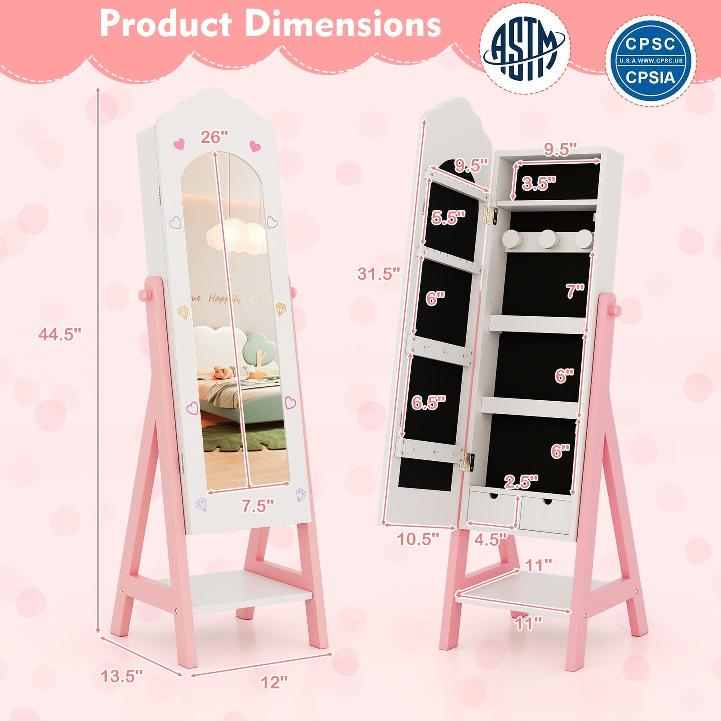 Kids Jewelry Organizer with Full-Length Mirror and Storage Shelves - White