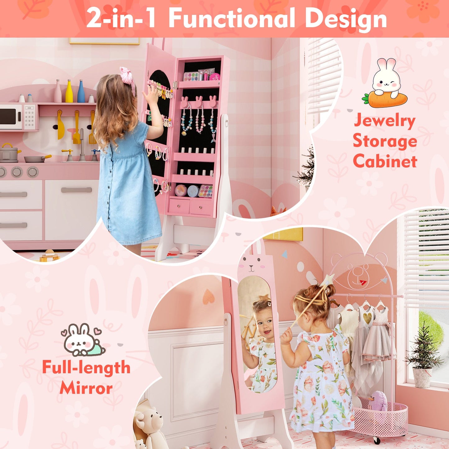 Armario de Joyería para Niños - Rosa con Inclinación Ajustable
