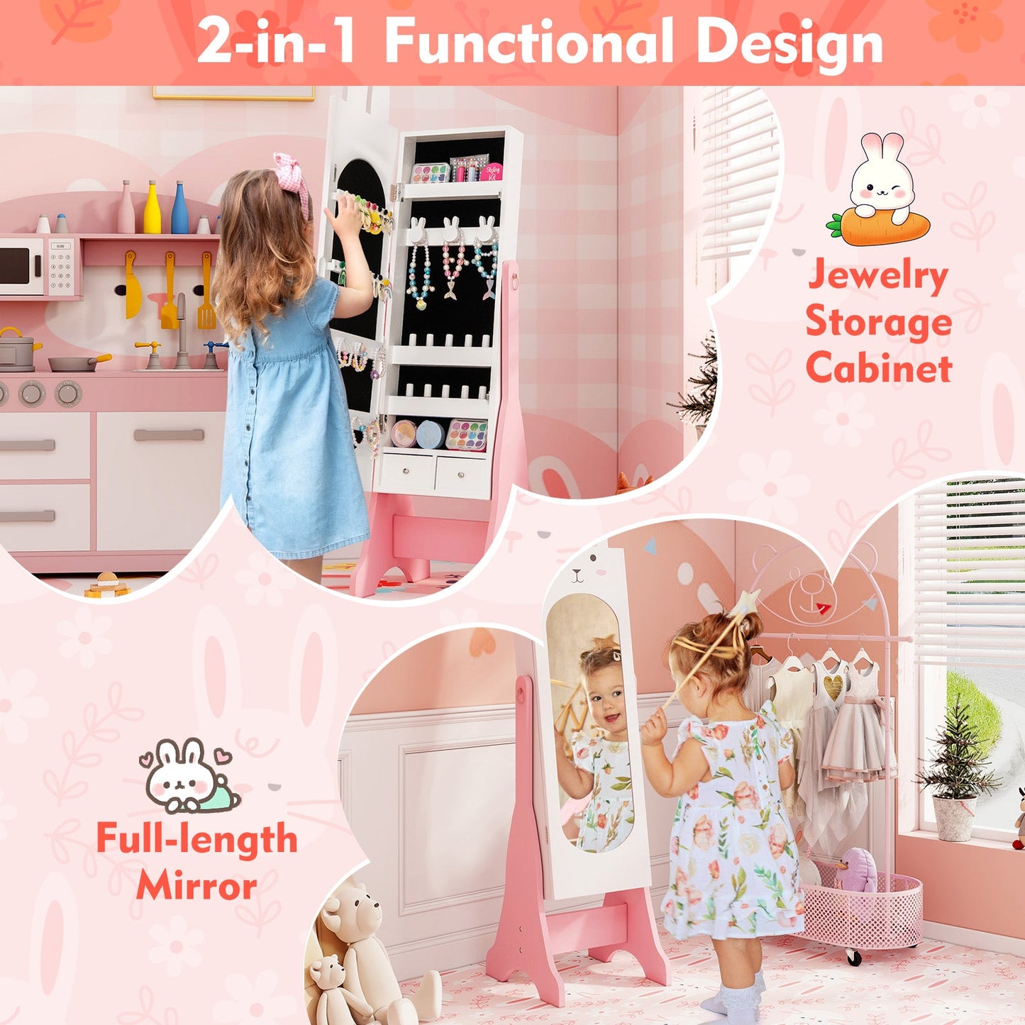 Armoire à bijoux pour enfants avec miroir ajustable - Blanc