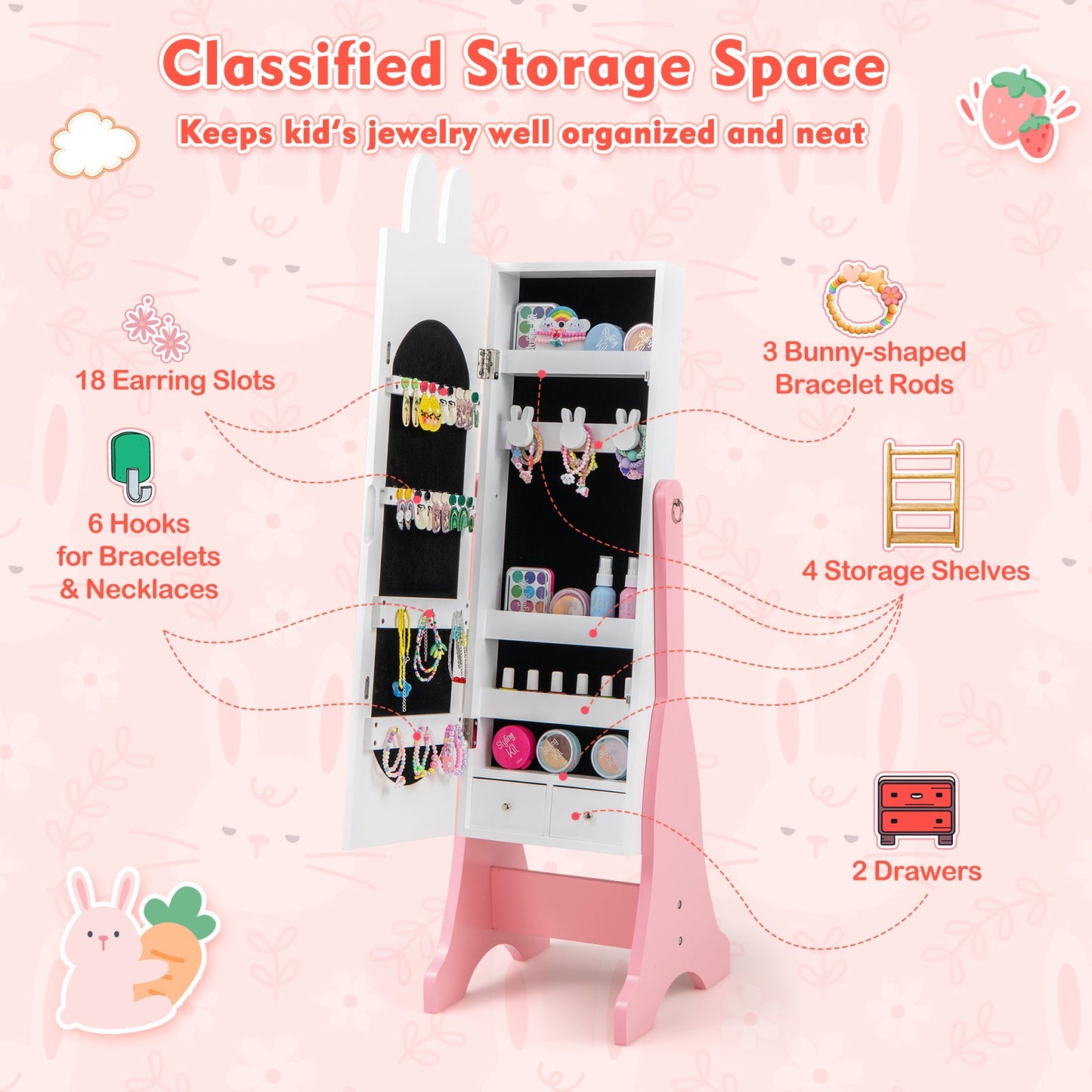 Armoire à bijoux pour enfants avec miroir ajustable - Blanc