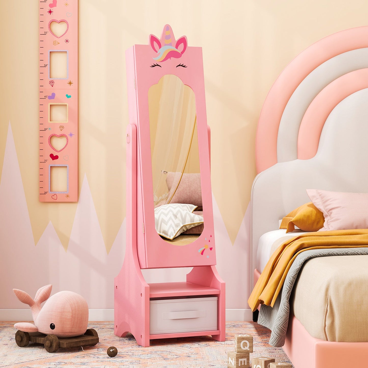 Cabinet de Bijoux pour Enfants avec Miroir Plein Long - Rose