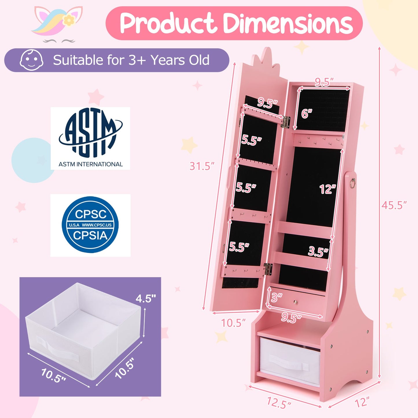 Cabinet de Bijoux pour Enfants avec Miroir Plein Long - Rose