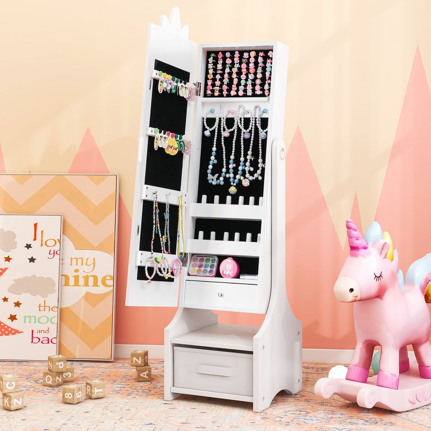Cabinet de Bijoux pour Enfants avec Miroir Plein Long - Blanc