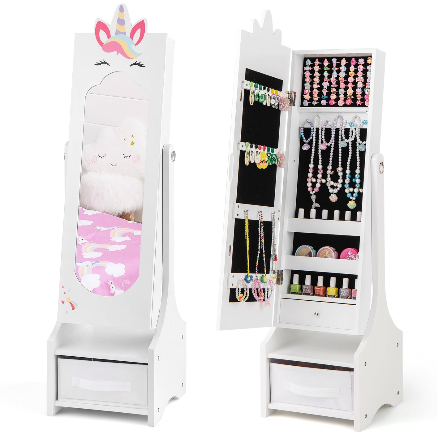 Cabinet de Bijoux pour Enfants avec Miroir Plein Long - Blanc