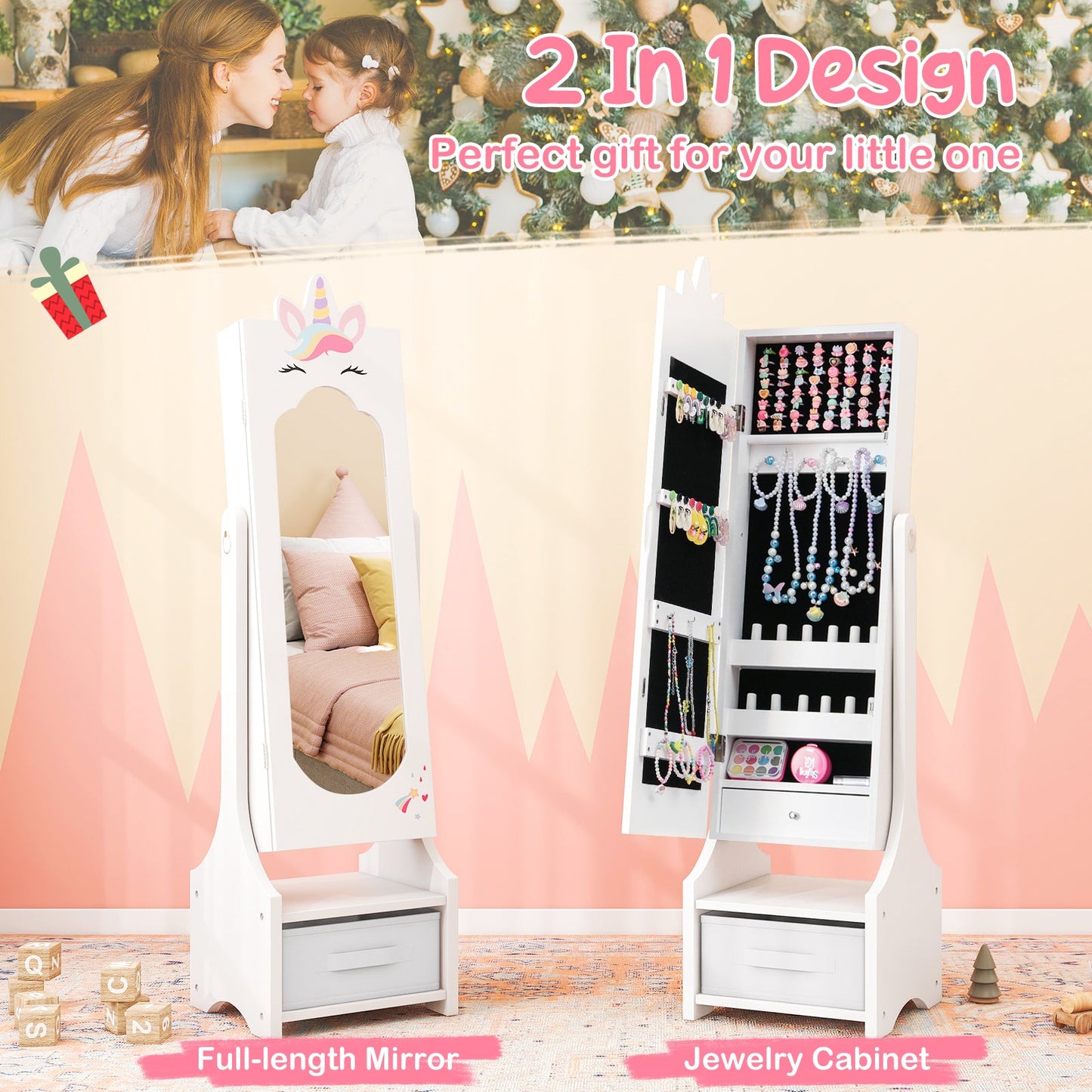 Cabinet de Bijoux pour Enfants avec Miroir Plein Long - Blanc