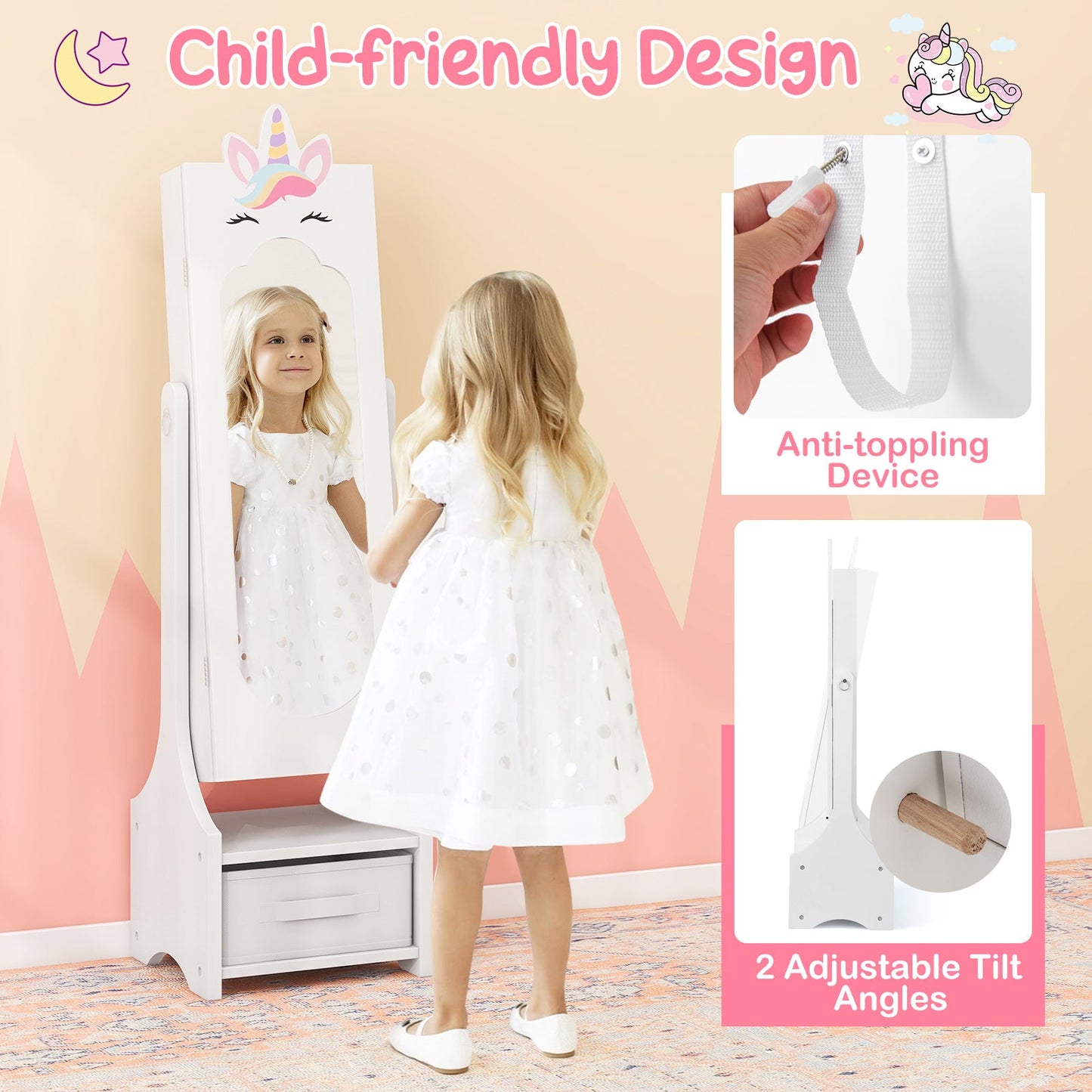 Cabinet de Bijoux pour Enfants avec Miroir Plein Long - Blanc