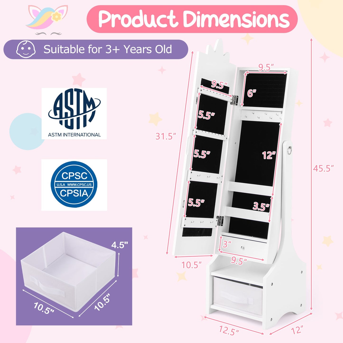 Cabinet de Bijoux pour Enfants avec Miroir Plein Long - Blanc