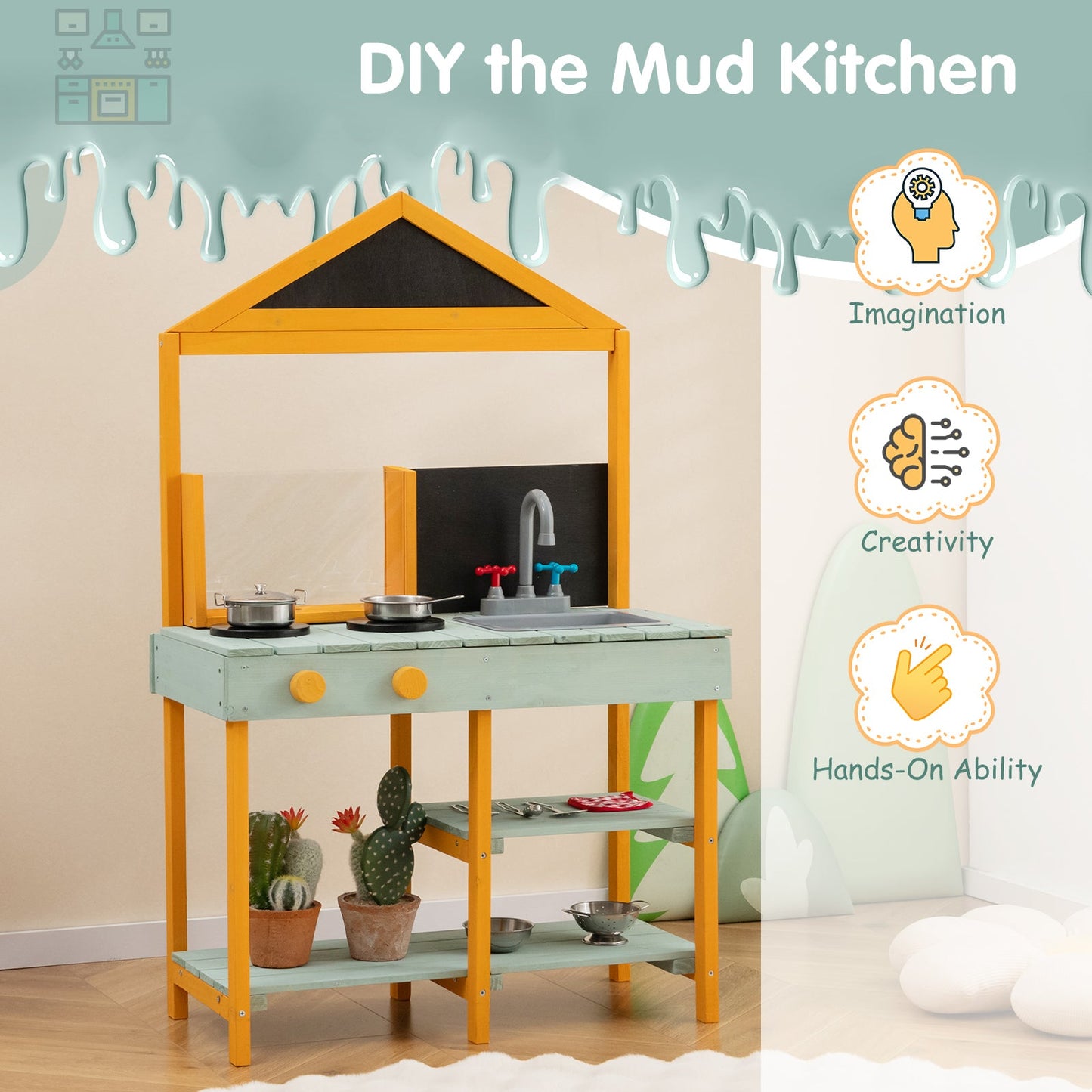 Juego de cocina para niños con maceta de visualización de raíces y grifo