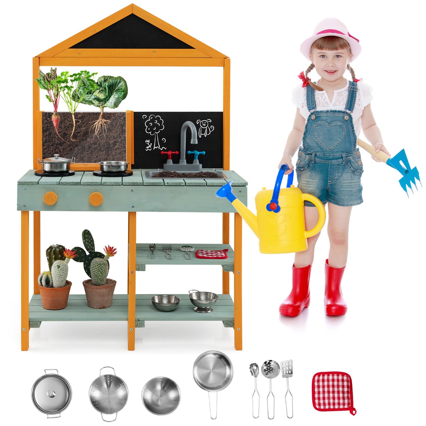 Juego de cocina para niños con maceta de visualización de raíces y grifo