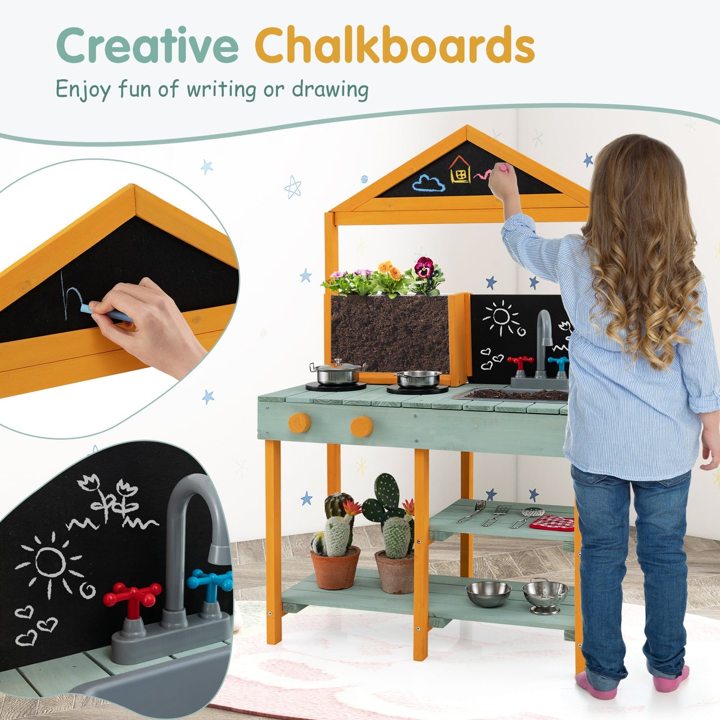 Juego de cocina para niños con maceta de visualización de raíces y grifo