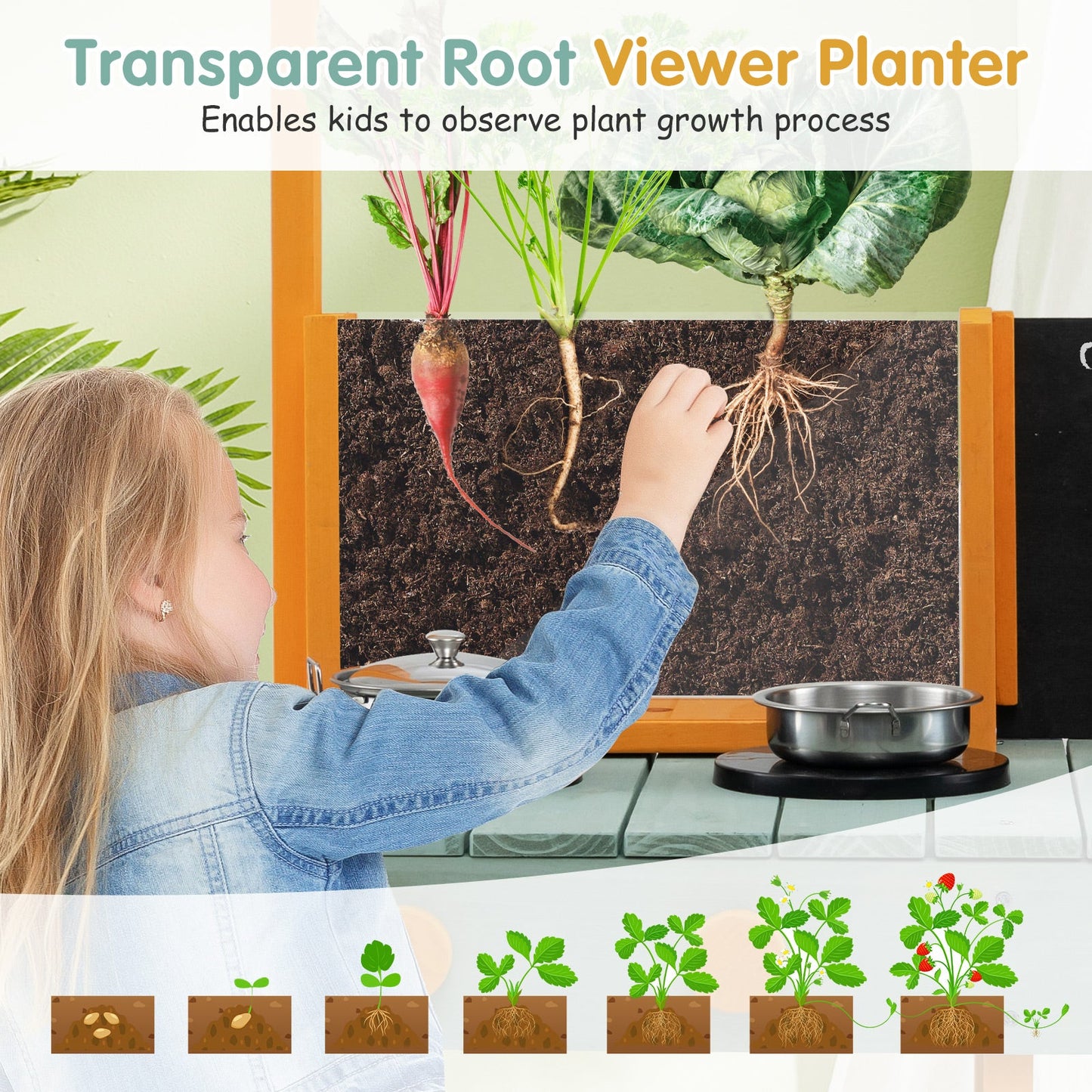 Juego de cocina para niños con maceta de visualización de raíces y grifo