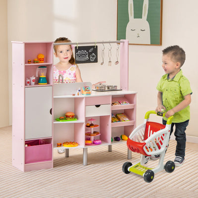 2-in-1 Double-Sided Kids Kitchen and Market - Pink
